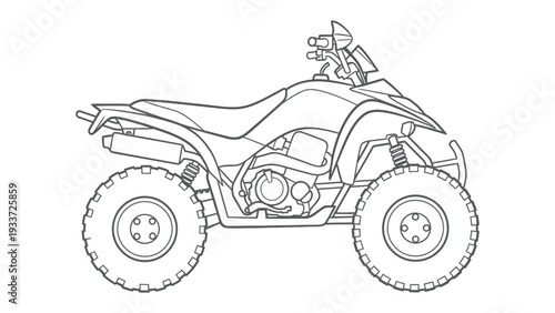 ATV outline: A detailed outline of an all-terrain vehicle (ATV) captures the robust design, featuring prominent tires, handlebars, and a structured frame.