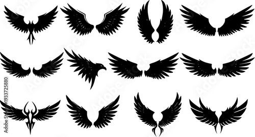Vector Silhouettes of Angel, Bird, or Eagle Wings Set
