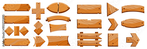 Rustic wood plank signs, various shapes, rectangular, curved, broken, arrow, warm oak texture, cartoon 2D