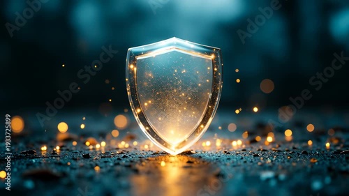 Transparent Shield with Glowing Particles on a Dark Background