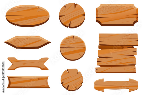 Set of fantasy game wooden signboards, cartoon vector style, oval round sign, ribbon banner, cracked wooden plank, arrow direction sign, light and dark brown wood grain, UI design elements.