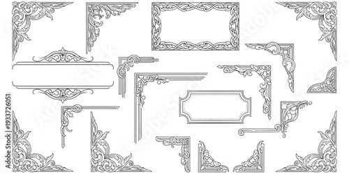 Decorative frame illustration, ornate corner embellishments, floral scroll motif, vintage border design, classical artwork, symmetrical divider, elegant accent, decorative motif, flat vector drawing
