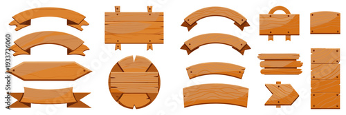 Wild west saloon wooden sign set, cartoon illustration style, multiple plank shapes arched, flat, broken, arrow-shaped, ribbon-style, realistic wood grain texture, brown tones, game menu board aesthet