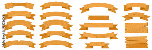 Wood banner collection, stacked planks, engraved grain, cartoon vector