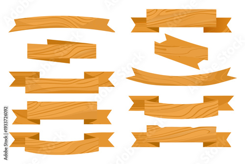 Wooden plank banner templates, multiple shapes, curved edges, decorative carved ends, natural wood grain pattern, flat cartoon design, bright brown color scheme, clipart style.