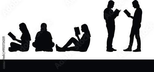 Black Silhouette Set of Diverse Young People Men and Women Sitting and Standing While Reading Books Isolated on White Background