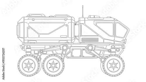 Futuristic Transport: A detailed outline of a technologically advanced vehicle, designed for traversing diverse terrains, hinting at innovation in transport and exploration.