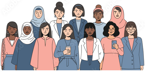 Diverse women group illustration, empowerment motif, unity inclusion, professional attire, hijab representation, cultural diversity artwork, solidarity design, flat vector drawing