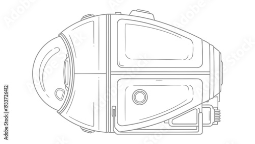 Submarine Illustration: A detailed line drawing showcases the sleek, enclosed form of a submarine, highlighting its design. 
