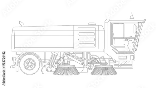 Street Sweeper Illustration: A meticulous line illustration portrays a street sweeper, designed to maintain cleanliness in urban environments. The vehicle is ready for the task.