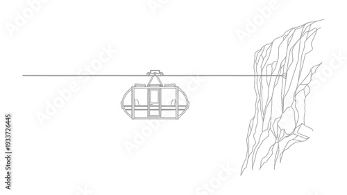 Cable Car Ascent: A minimalist illustration captures a cable car gracefully traversing through a mountainous landscape. conveying the essence of travel and adventure
