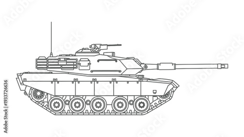 Armored Fury: Detailed outline of a formidable war machine, showcasing the intricate design of a battle tank. Embodying the power and precision of military technology.