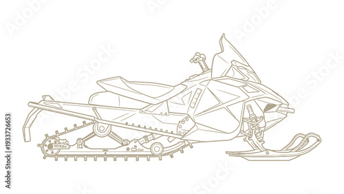Snowmobile on the Horizon: A sleek snowmobile, meticulously illustrated with clean lines and sharp angles, embodies the spirit of winter adventure and speed across frozen terrains. 