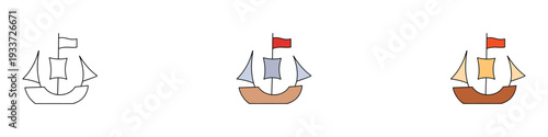 Sailboat icon set. Simple nautical ship with red flag symbol for marine adventure, sea travel, and exploration design. Vector Illustration.