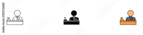 Cashier icon set. Professional staff member with computer and tie symbol for customer service and office design. vector Illustration.