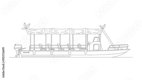 Boat for Touring: A stylized side view of a pontoon boat, designed for leisurely river or lake tours, is meticulously presented. The structure features a canopy, railings, and seating for passengers.