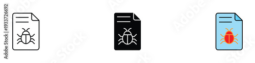 Bug report document icon set. Software debugging, virus detection, and technical issue file symbol. Vector Illustration.