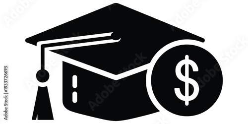 Graduation cap dollar icon, black silhouette design, education finance motif, tuition cost symbol, student loan artwork, scholarship value, academic achievement, decorative design, flat vector drawing
