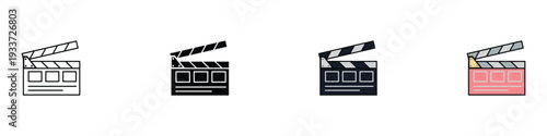 Movie clapperboard icon set. Film slate symbol for cinema production, video editing, and entertainment industry. Vector Illustration.