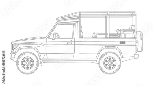 Off-Road Vehicle: A detailed line drawing of a robust off-road vehicle, designed for adventure and exploration, perfect for depicting travel and transport themes.