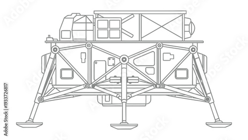 Lunar Lander Schematic: An intricately detailed schematic of a lunar lander, showcasing its complex structure designed for extraterrestrial exploration.