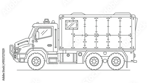Armored Vehicle: A detailed line art illustration of a rugged armored vehicle, ready for various operational challenges. This artwork showcases its robust design and protective features.