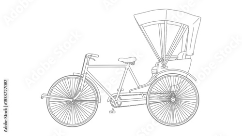 Vintage Rickshaw Illustration: A detailed black and white illustration of a classic rickshaw, showcasing its intricate design and historical charm.