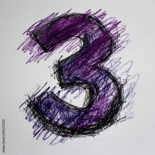 Crayon-drawn purple number 3 Abstract crayon sketch on white background
