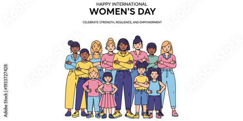 International Women’s Day celebration, diverse group illustration, unity empowerment, strength resilience, confident posture, gender equ, cultural motif, decorative design, flat vector drawing