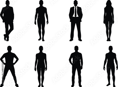 Compilation of male and female silhouettes in distinct poses, including business and casual attire, isolated.