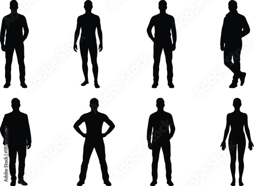 Group of male and female silhouettes in varied standing positions, presenting different styles on white.