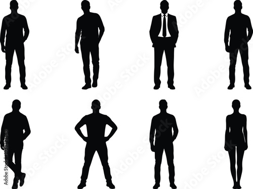 Group of diverse male and female silhouettes showcasing different stances and attire, isolated on white.