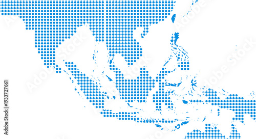 Abstract blue halftone world map with continents and oceans in a dotted pattern.