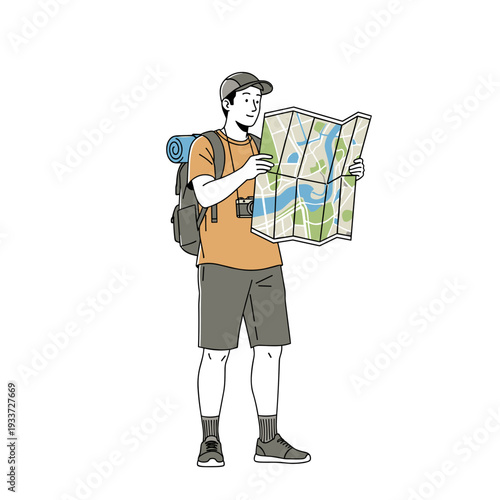 Man Hiking with Map and Backpack.