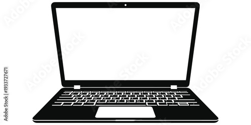 Laptop icon illustration, black silhouette design, computer motif, keyboard touchpad, webcam screen, technology artwork, digital device symbol, decorative design, flat vector drawing