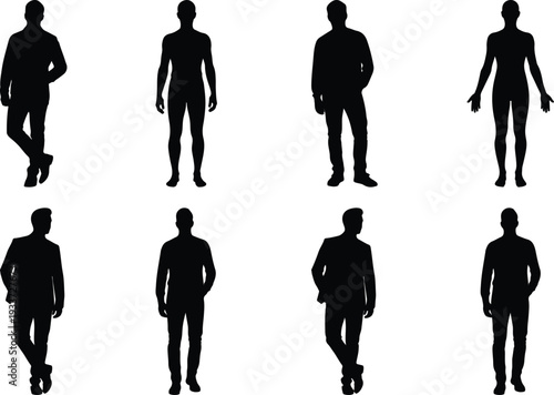 Collection of diverse male and female silhouettes in various casual and formal poses against a white background.