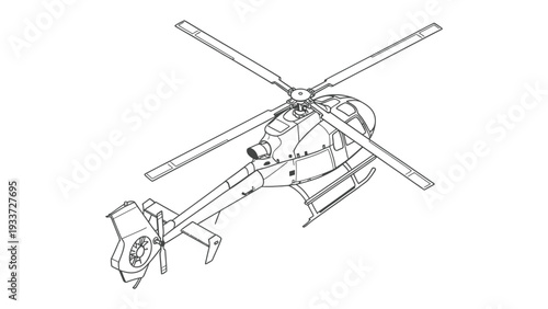 Helicopter's Technical Blueprint: A detailed technical drawing showcasing the intricate mechanics and design elements of a helicopter, highlighting its structural components and aerodynamic features.