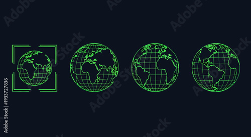 Series of green wireframe globes on a dark background with a highlighted first globe.