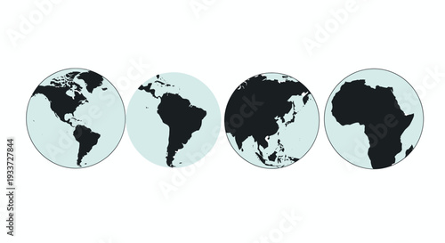 Series of Four Globe Icons Depicting World Maps in Separate Circular Frames.