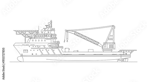 Offshore vessel line art: Detailed outline of an offshore vessel, showcasing its intricate design and operational capabilities.
