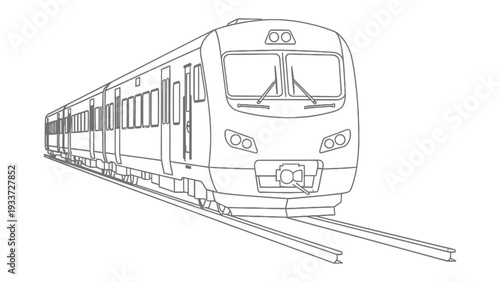 Modern Train Transit: A detailed line drawing showcases the sleek design of a modern train, highlighting its forward movement along the tracks.