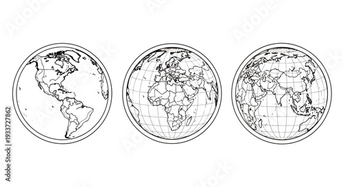 Three Circular World Globes Displaying Maps in Frames.