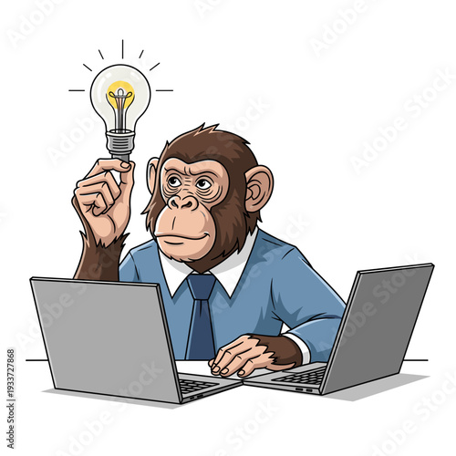 Monkey with Light Bulb and Laptops.