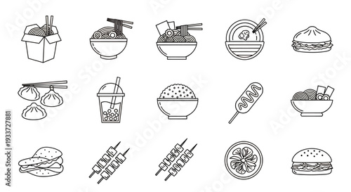 Collection of hand-drawn food and drink icons including bowls, beverages, pastries and snacks.