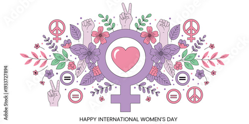 International Women’s Day Venus symbol illustration, empowerment motif, raised fists peace signs, equality artwork, floral decorations, solidarity design,decorative motif, flat vector drawing