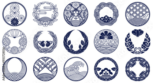 Blue and White Circular Ceramic Medallion Motifs in Traditional Floral and Laurel Designs.