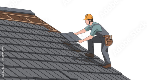 Roofer Installing Roof Tiles on Sloping Roof.