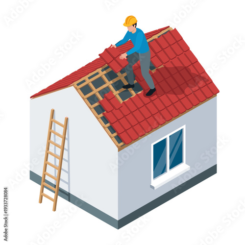 Roofer Installing Tiles on House Roof.