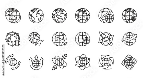 Collection of various globe icons and world map illustrations in line art style.