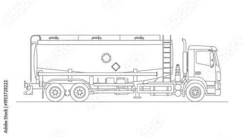 Fuel Tanker Truck Illustration: A detailed outline of a fuel tanker truck, showcasing its design and components, essential for transport and logistics.